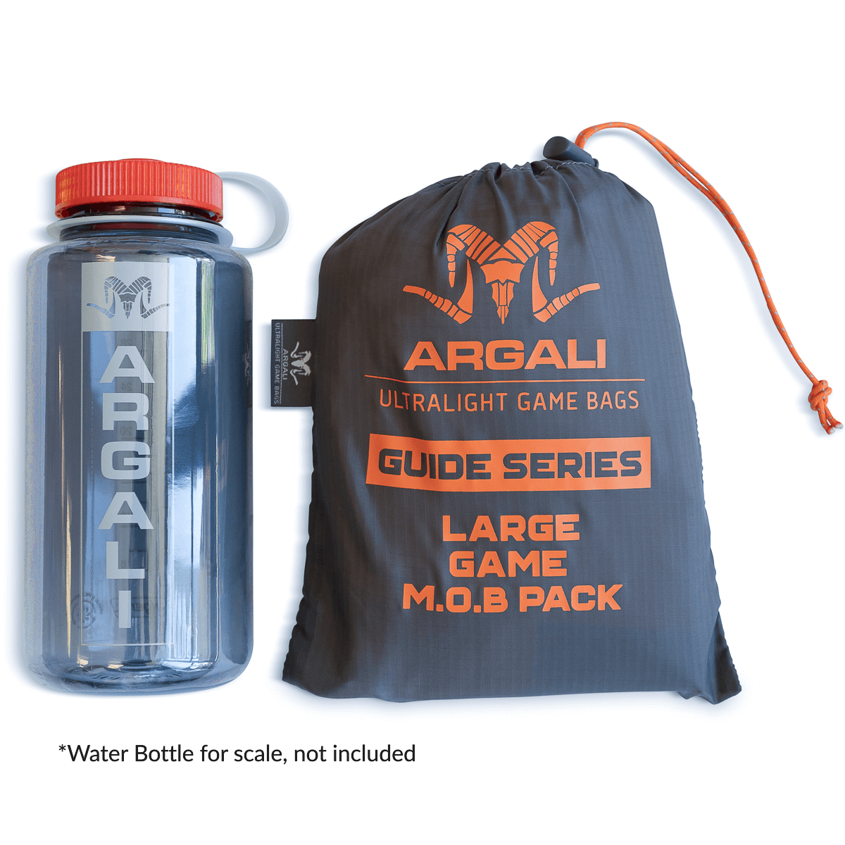 ARGALI guide series ultralight M.O.B. game bag and water bottle for scale on a white background