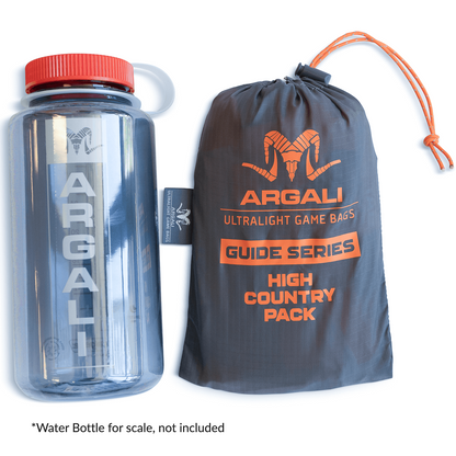 Argali Guide Series High country ultralight game bags and water bottle for scale on a white background