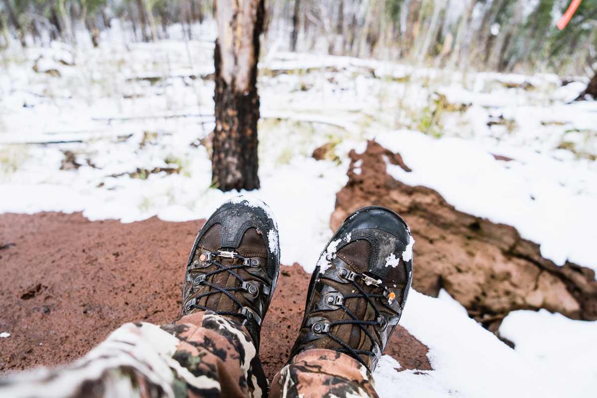 Josh Kirchner's boots while archery hunting in the snow