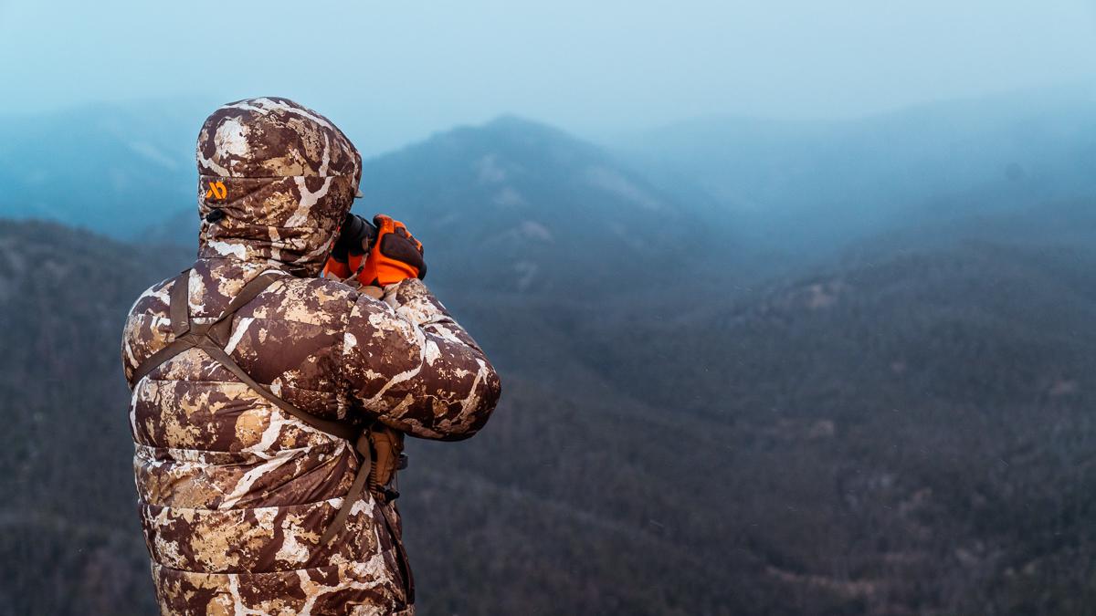 Brad Brooks of Argali Glassing for Elk during a snow storm